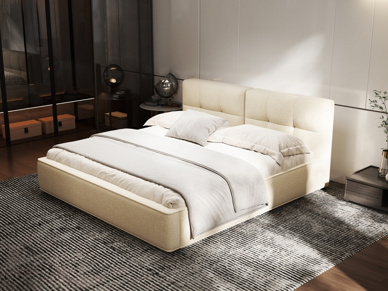Pat dormitor dumonde, tapitat bej, Madrid 160x200 cm, somiera rabatabila inclusa, spatiu depozitare WLS
