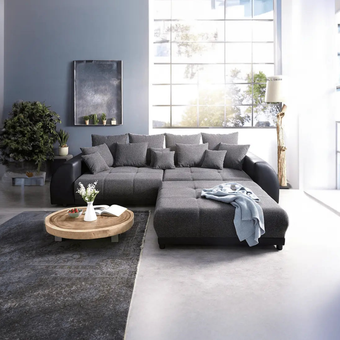 Canapea extensibilă dumonde cu 2 lăzi de depozitare si sezut confortabil din spuma HR, Big Sofa Verona Dark Grey 310x100 cm cu taburet inclus