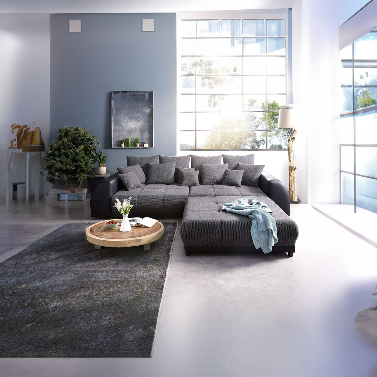 Canapea extensibilă dumonde cu 2 lăzi de depozitare si sezut confortabil din spuma HR, Big Sofa Verona Dark Grey 310x100 cm cu taburet inclus