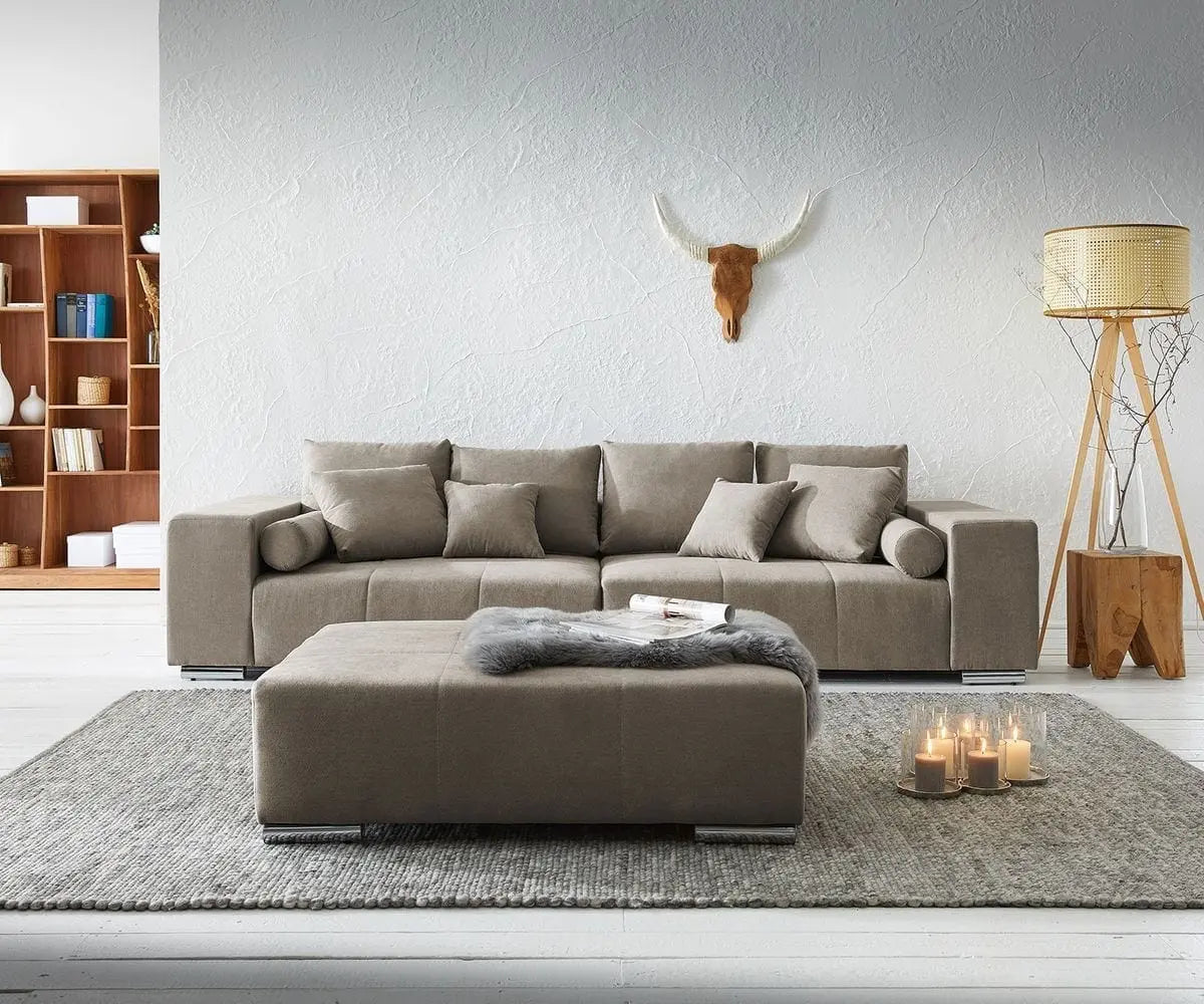 Canapea extensibilă cu ladă de depozitare si sezut confortabil din spuma HR, Marbela Bej XXL 295x100 cm cu taburet inclus