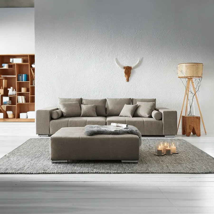 Canapea extensibilă dumonde cu ladă de depozitare si sezut confortabil din spuma HR, Marbela Bej XXL 295x100 cm cu taburet inclus