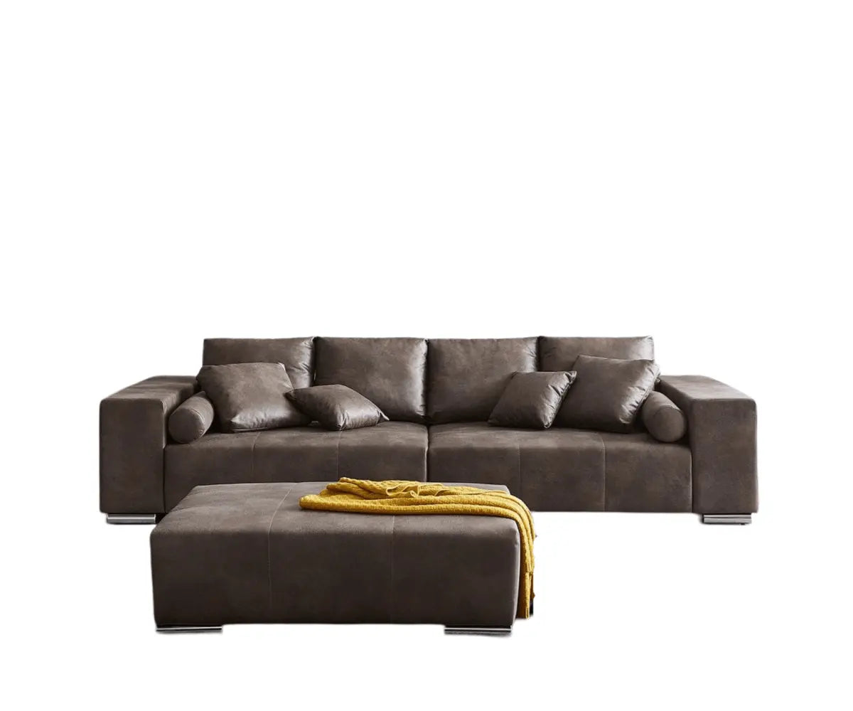 Canapea extensibilă dumonde cu ladă de depozitare si sezut confortabil din spuma HR, Marbela Tobago Brown XXL 295x100 cm cu taburet inclus