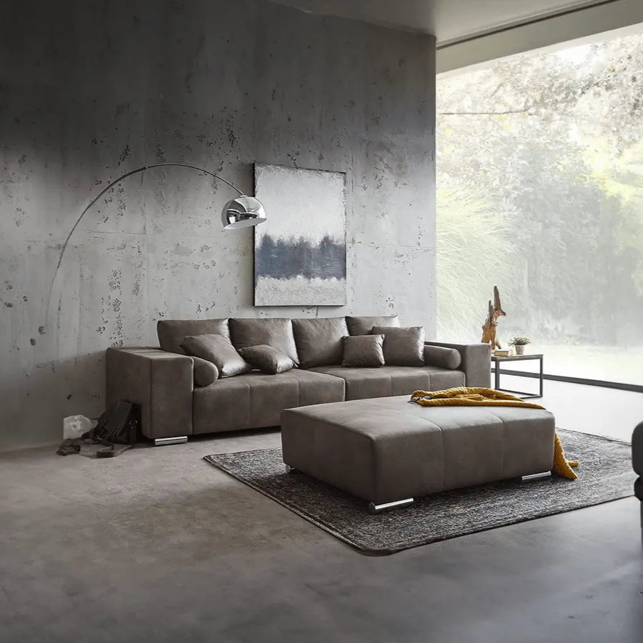 Canapea extensibilă dumonde cu ladă de depozitare si sezut confortabil din spuma HR, Marbela Braun XXL 295x100 cm cu taburet inclus