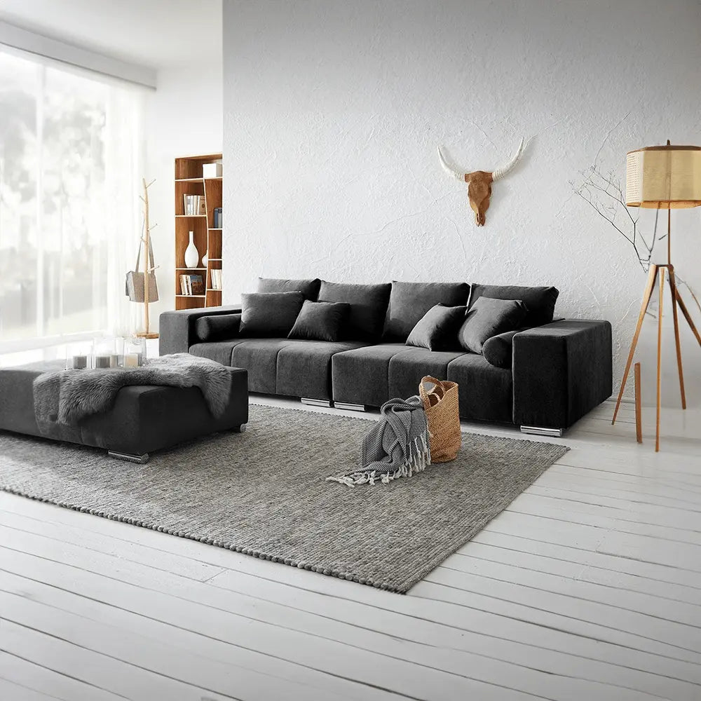Canapea extensibilă dumonde cu ladă de depozitare si sezut confortabil din spuma HR, Marbela Dark XXL 295x100 cm cu taburet inclus