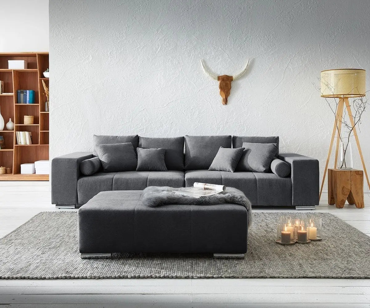 Canapea extensibilă cu ladă de depozitare si sezut confortabil din spuma HR, Marbela Graphite XXL 295x100 cm cu taburet inclus