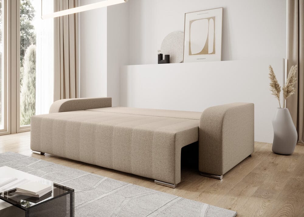 Canapea extensibilă cu ladă de depozitare si sezut confortabil din spuma HR, Sofia Bej 240x100 cm Fabrica