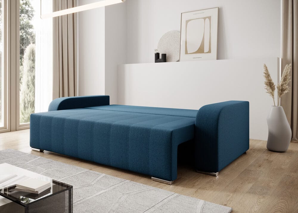 Canapea extensibilă cu ladă de depozitare si sezut confortabil din spuma HR, Sofia Blue 240x100 cm