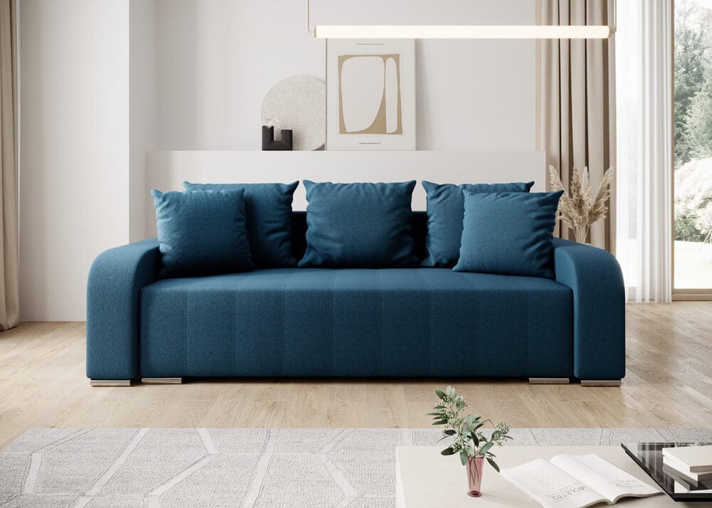 Canapea extensibilă cu ladă de depozitare si sezut confortabil din spuma HR, Sofia Blue 240x100 cm