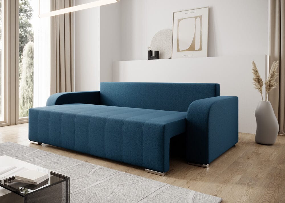 Canapea extensibilă cu ladă de depozitare si sezut confortabil din spuma HR, Sofia Blue 240x100 cm