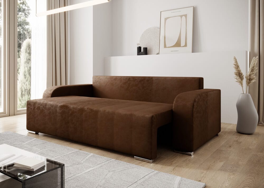 Canapea extensibilă cu ladă de depozitare si sezut confortabil din spuma HR, Sofia Brown 240x100 cm Fabrica