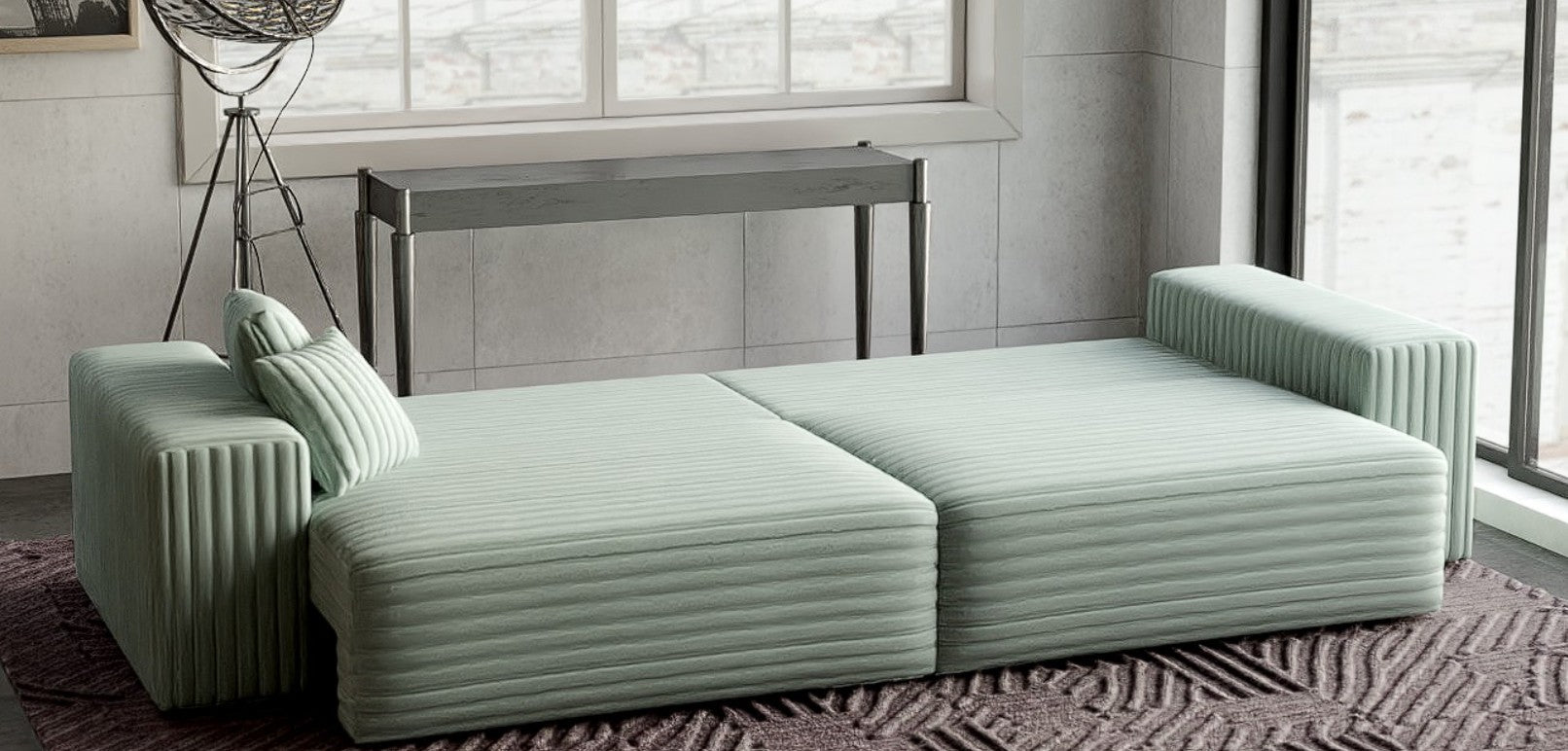 Canapea extensibilă dumonde cu ladă de depozitare si sezut confortabil din spuma HR, Marbela Ambience Light Green XXL 295x100 cm fabrica