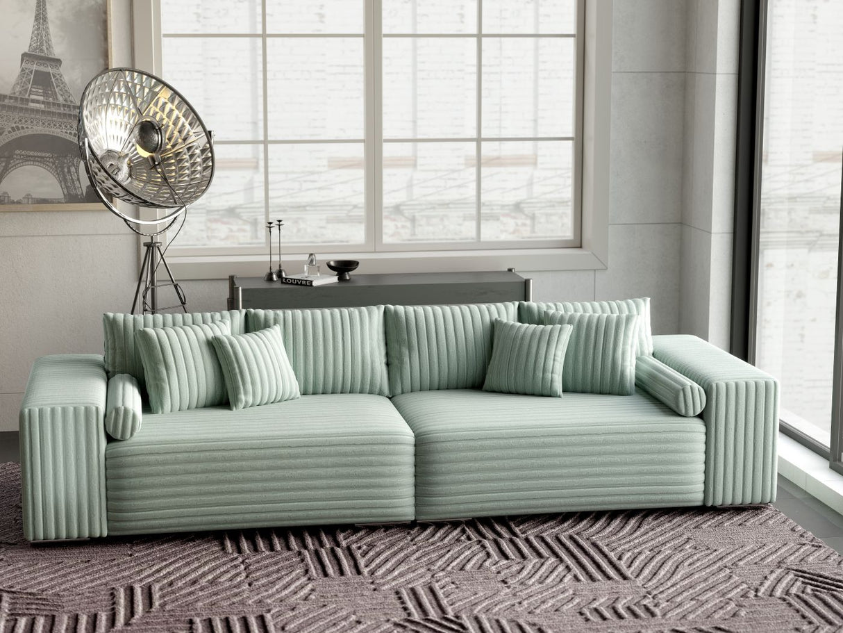 Canapea extensibilă dumonde cu ladă de depozitare si sezut confortabil din spuma HR, Marbela Ambience Light Green XXL 295x100 cm