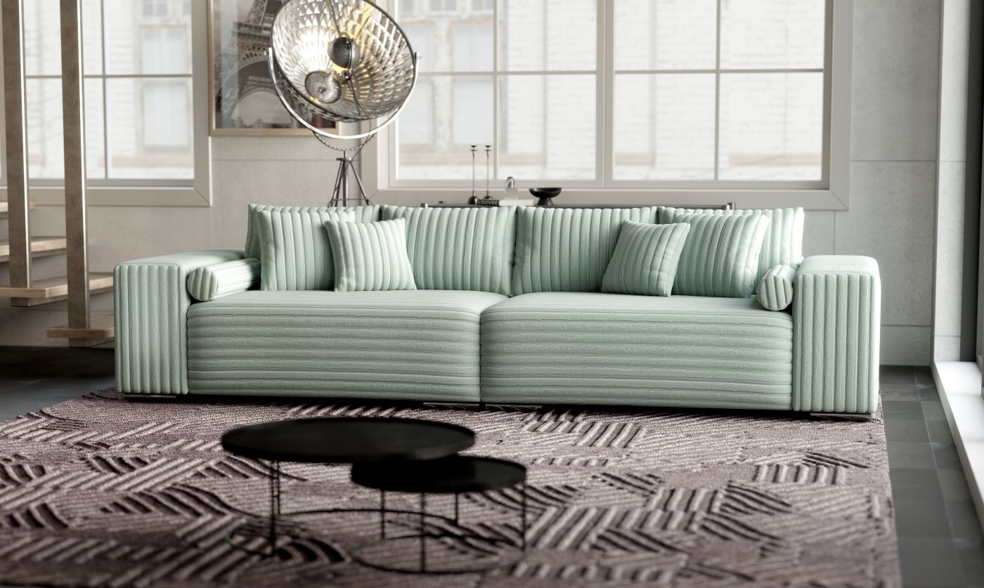 Canapea extensibilă dumonde cu ladă de depozitare si sezut confortabil din spuma HR, Marbela Ambience Light Green XXL 295x100 cm fabrica
