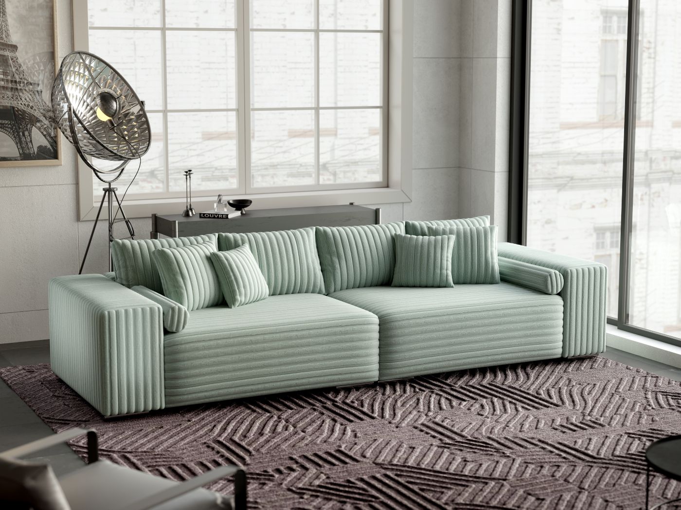 Canapea extensibilă dumonde cu ladă de depozitare si sezut confortabil din spuma HR, Marbela Ambience Light Green XXL 295x100 cm fabrica
