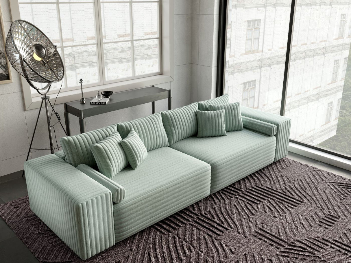 Canapea extensibilă dumonde cu ladă de depozitare si sezut confortabil din spuma HR, Marbela Ambience Light Green XXL 295x100 cm