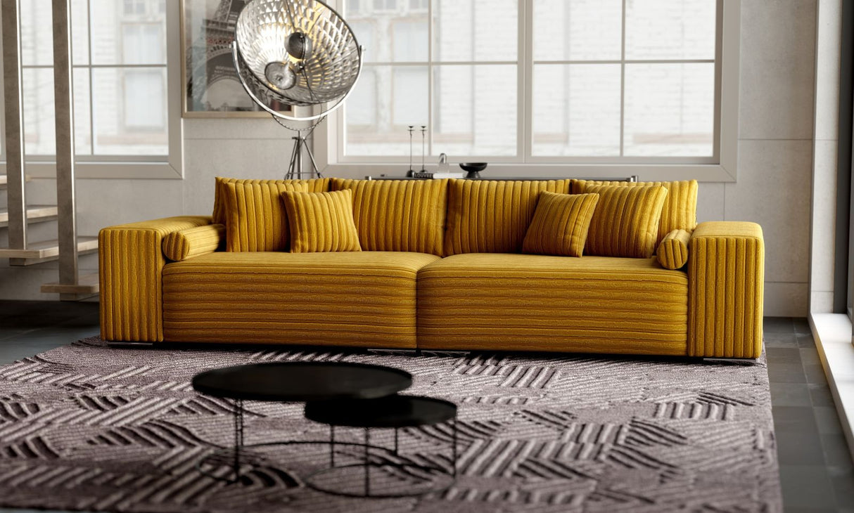 Canapea extensibilă dumonde cu ladă de depozitare si sezut confortabil din spuma HR, Marbela Ambience Mustar XXL 295x100 cm fabrica