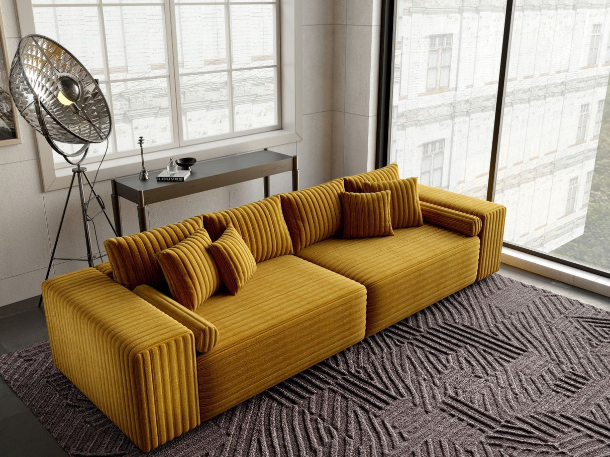 Canapea extensibilă dumonde cu ladă de depozitare si sezut confortabil din spuma HR, Marbela Ambience Mustar XXL 295x100 cm fabrica