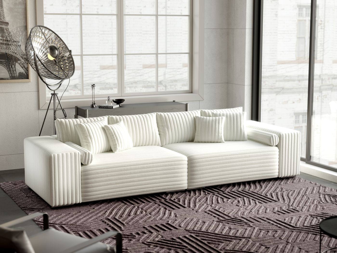 Canapea extensibilă dumonde cu ladă de depozitare si sezut confortabil din spuma HR, Marbela Ambience White XXL 295x100 cm fabrica