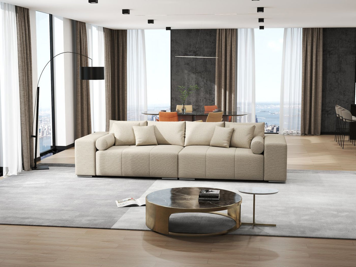 Canapea extensibilă dumonde cu ladă de depozitare si sezut confortabil din spuma HR, Marbela Enjoy Lux Bej XXL 295x100 cm fabrica