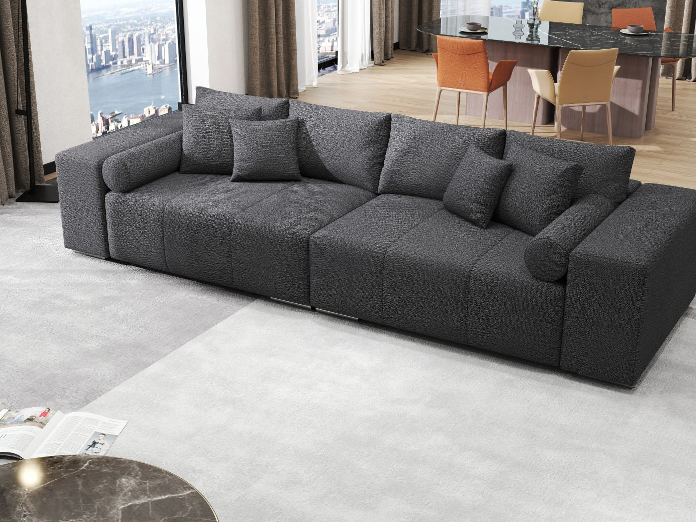 Canapea extensibilă dumonde cu ladă de depozitare si sezut confortabil din spuma HR, Marbela Enjoy Lux Grafit XXL 295x100 cm fabrica