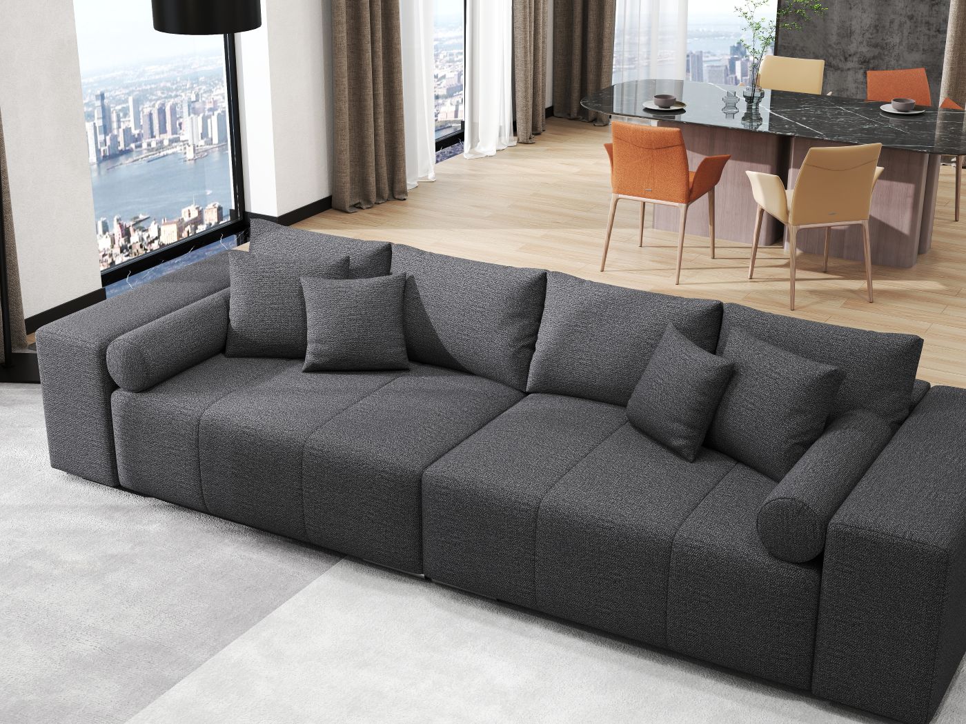 Canapea extensibilă dumonde cu ladă de depozitare si sezut confortabil din spuma HR, Marbela Enjoy Lux Grafit XXL 295x100 cm fabrica