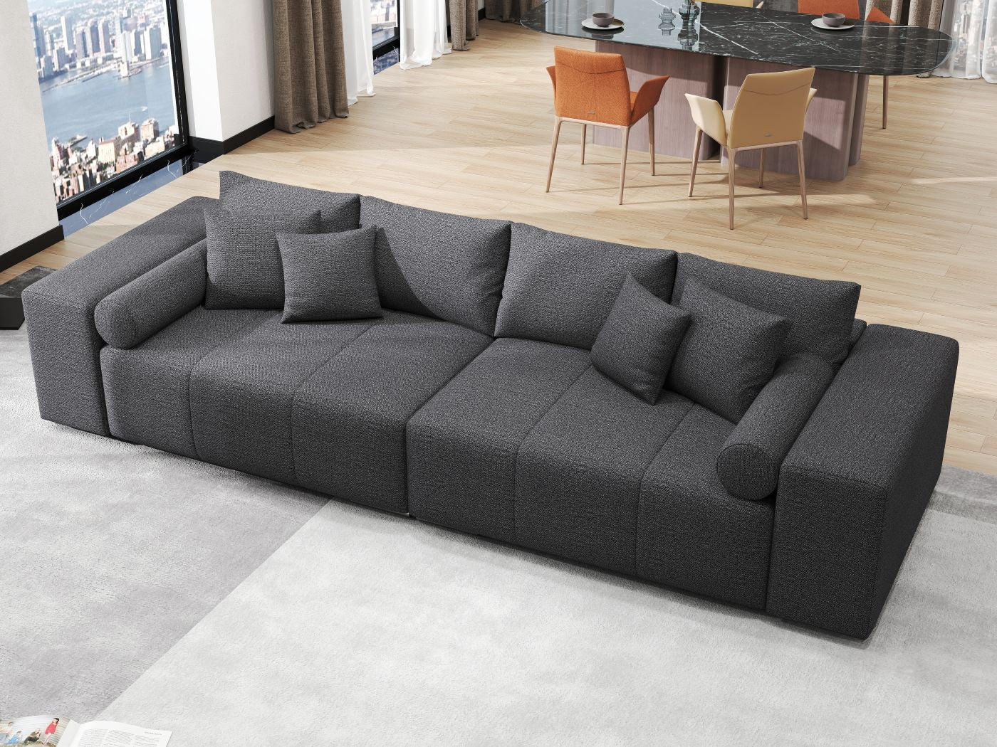 Canapea extensibilă dumonde cu ladă de depozitare si sezut confortabil din spuma HR, Marbela Enjoy Lux Grafit XXL 295x100 cm fabrica