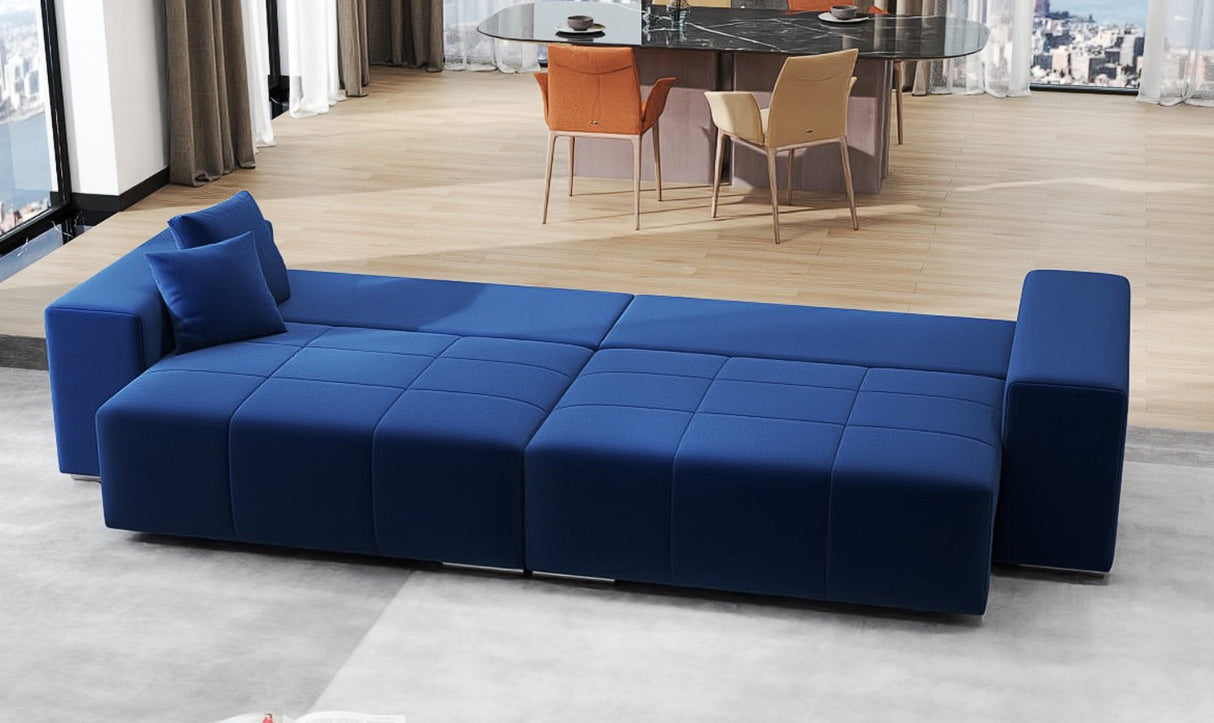 Canapea extensibilă dumonde cu ladă de depozitare si sezut confortabil din spuma HR, Marbela Royal Velvet Albastru XXL 295x100 cm