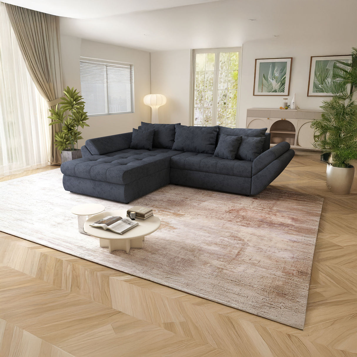 Colțar extensibil dumonde cu ladă de depozitare si sezut confortabil din spuma HR, Loana Antracit 270x185 cm