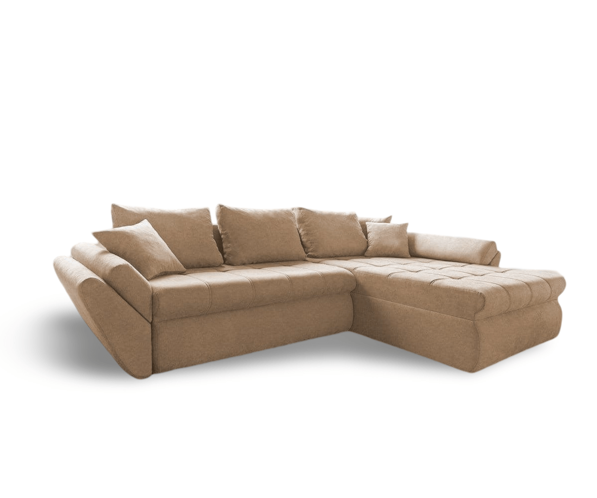 Colțar extensibil dumonde cu ladă de depozitare si sezut confortabil din spuma HR, Loana Camel II 270x185 cm