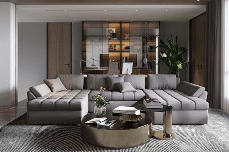 Coltar extensibil cu ladă de depozitare Loana Grey U 370x185 cm | Dumonde Furniture & Deco Concept.