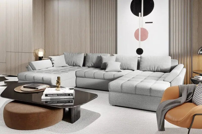 Colțar extensibil cu ladă de depozitare Loana U New Grey 370x185 cm | Dumonde Furniture & Deco Concept.