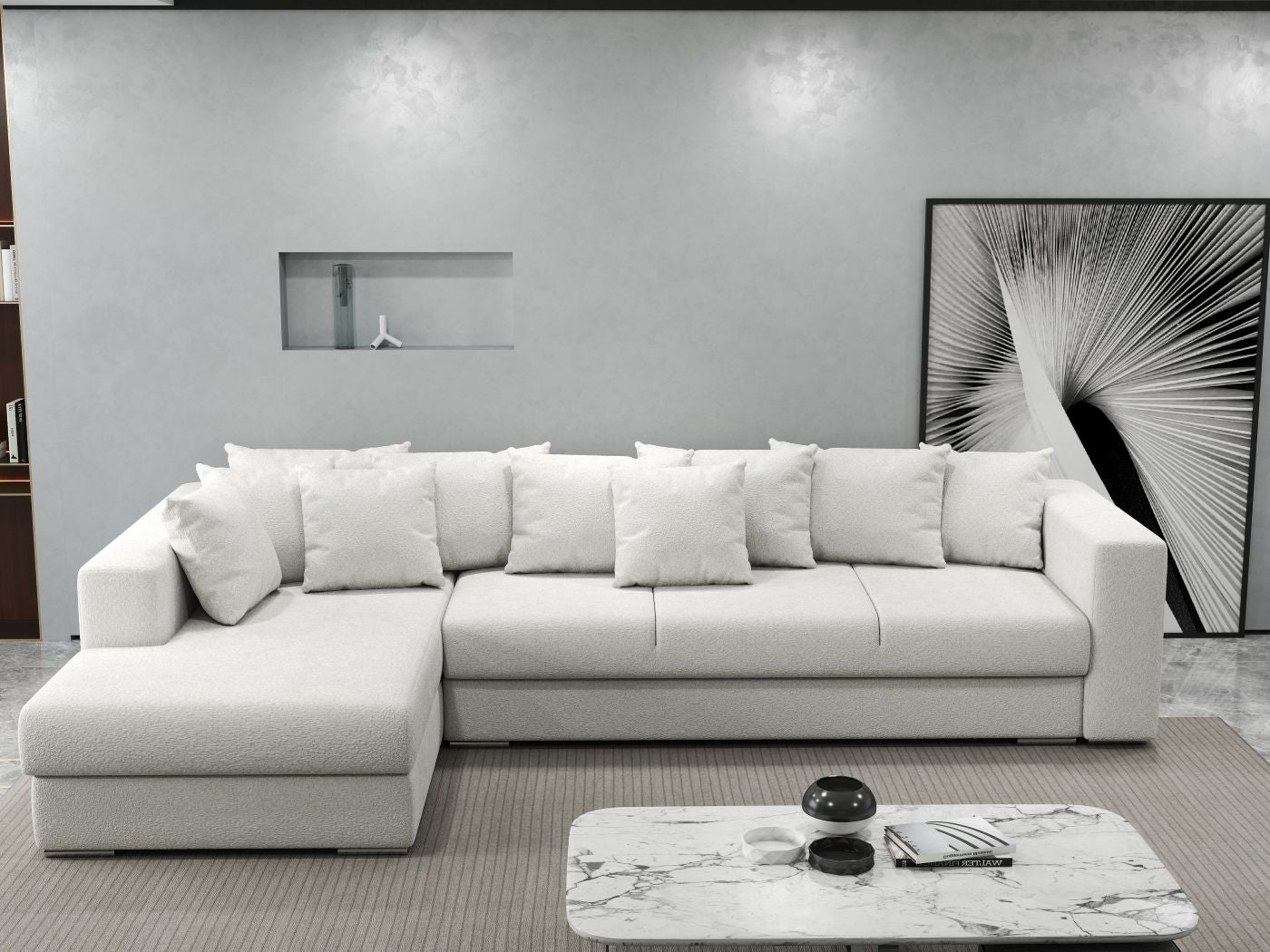 Colțar extensibil dumonde cu ladă de depozitare si sezut confortabil din spuma HR, Gloria Euphoria Ivory 320x183 cm Fabrica