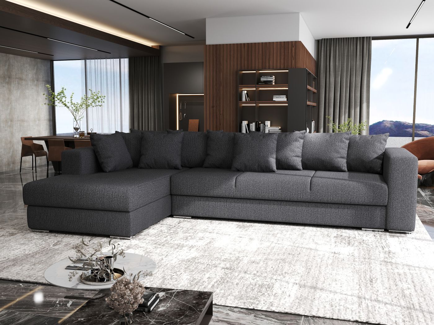 Colțar extensibil dumonde cu ladă de depozitare si sezut confortabil din spuma HR, Gloria Antracit III 320x183 cm Fabrica