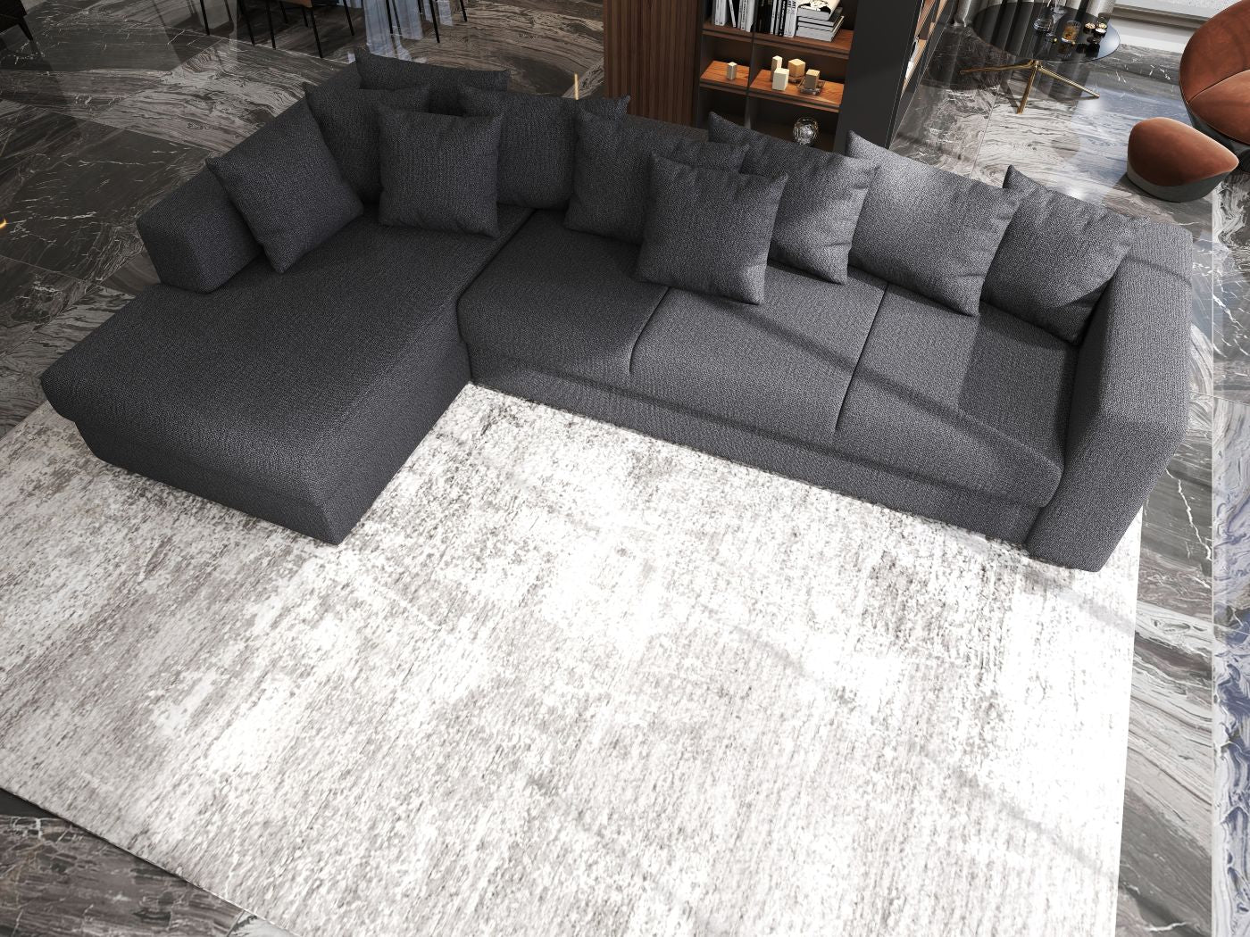 Colțar extensibil dumonde cu ladă de depozitare si sezut confortabil din spuma HR, Gloria Antracit III 320x183 cm Fabrica