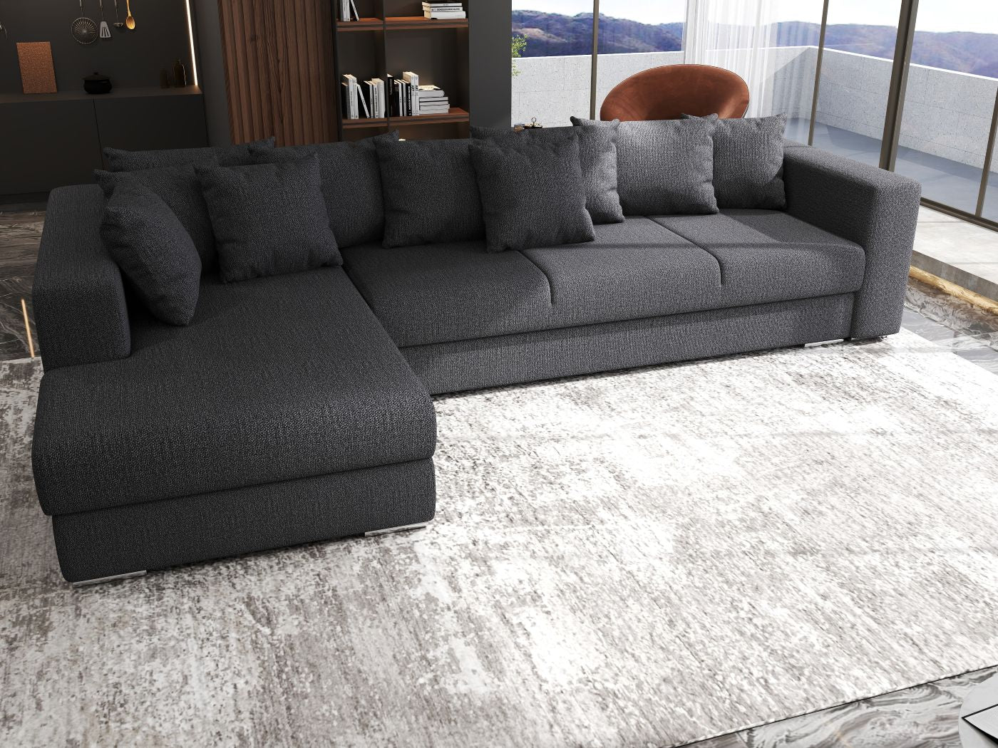Colțar extensibil dumonde cu ladă de depozitare si sezut confortabil din spuma HR, Gloria Antracit III 320x183 cm Fabrica