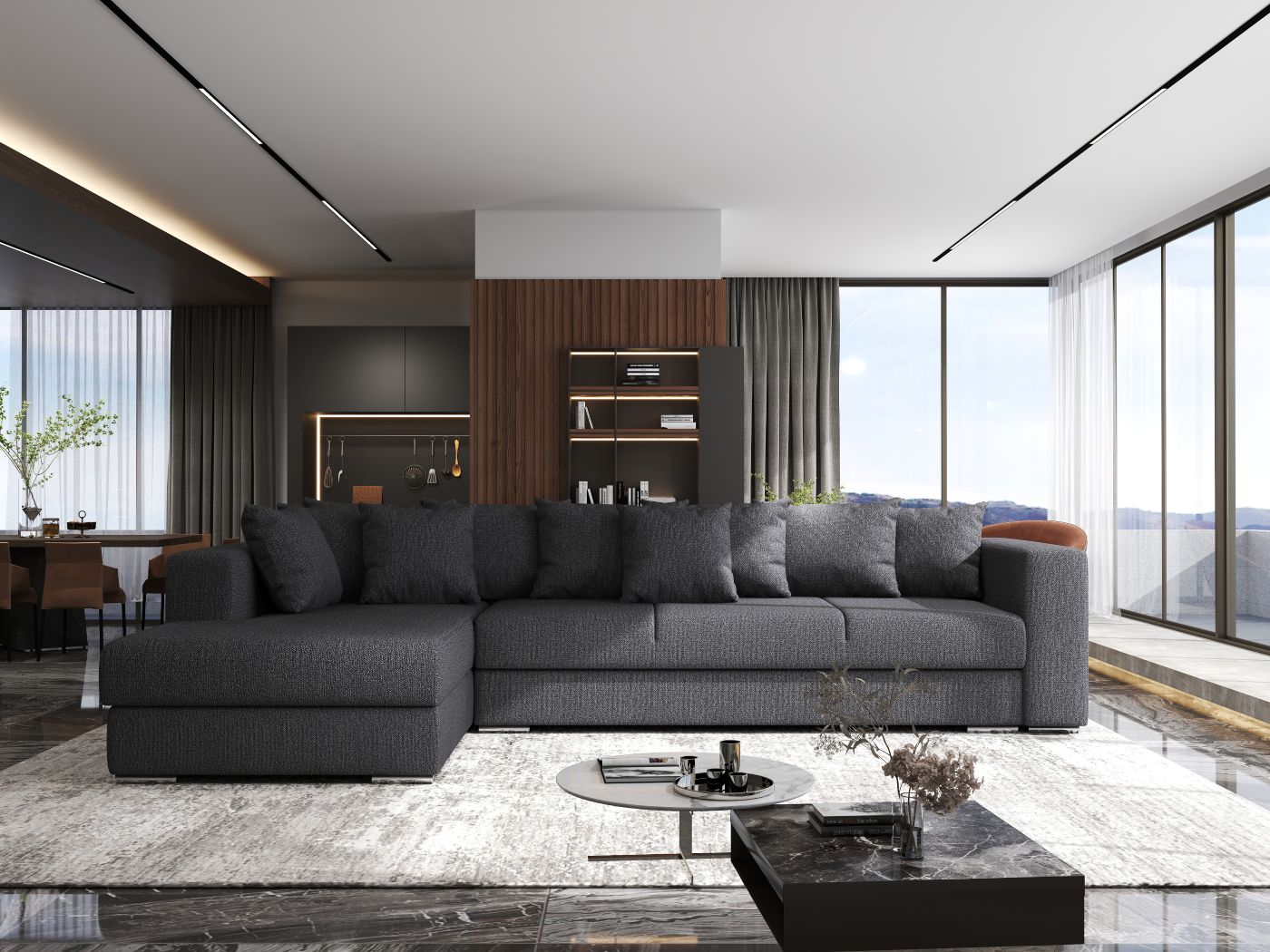 Colțar extensibil dumonde cu ladă de depozitare si sezut confortabil din spuma HR, Gloria Antracit III 320x183 cm Fabrica