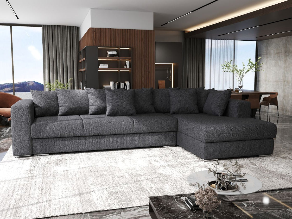 Colțar extensibil dumonde cu ladă de depozitare si sezut confortabil din spuma HR, Gloria Antracit IV 320x183 cm Fabrica