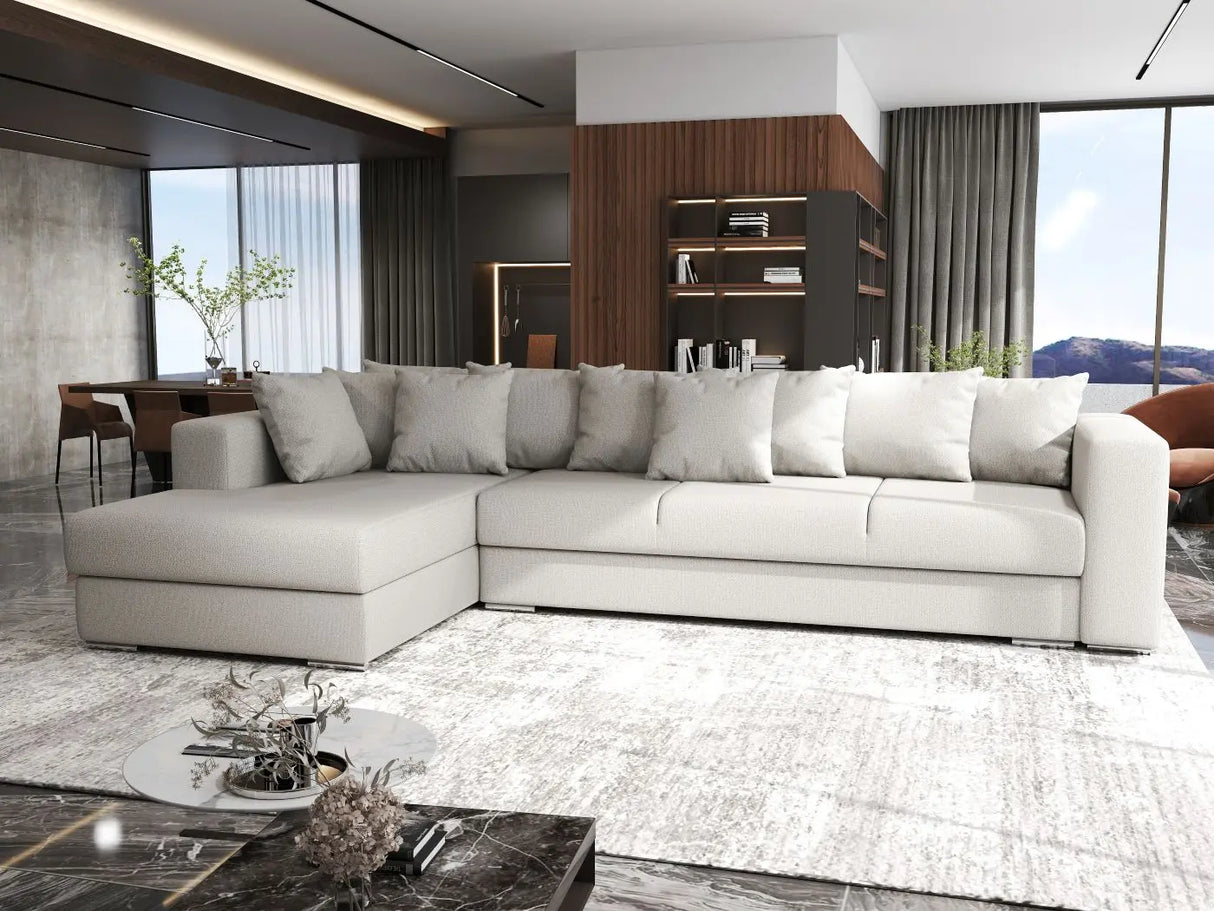 Colțar extensibil dumonde cu ladă de depozitare si sezut confortabil din spuma HR, Gloria Beige 320x183 cm Fabrica