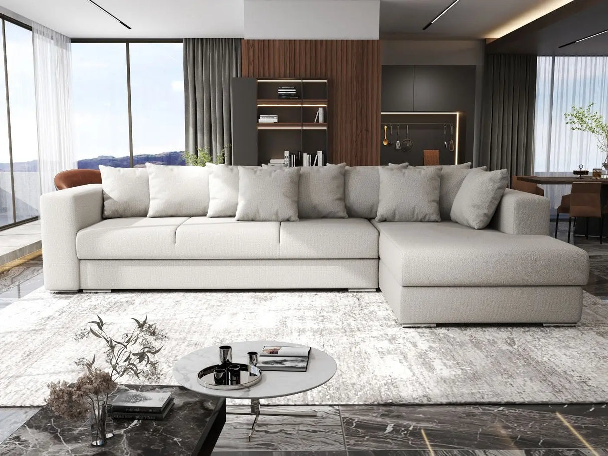 Colțar extensibil dumonde cu ladă de depozitare si sezut confortabil din spuma HR, Gloria Beige II 320x183 cm Fabrica