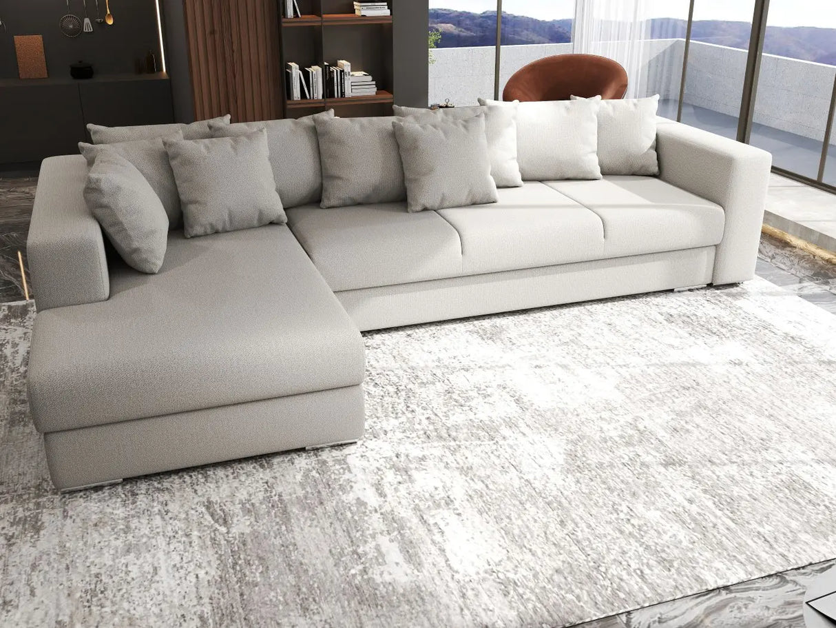 Colțar extensibil dumonde cu ladă de depozitare si sezut confortabil din spuma HR, Gloria Beige 320x183 cm Fabrica
