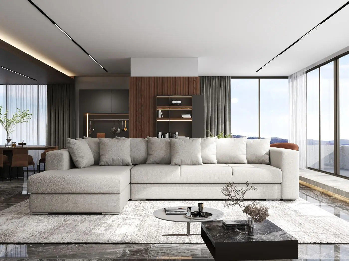 Colțar extensibil dumonde cu ladă de depozitare si sezut confortabil din spuma HR, Gloria Beige 320x183 cm Fabrica