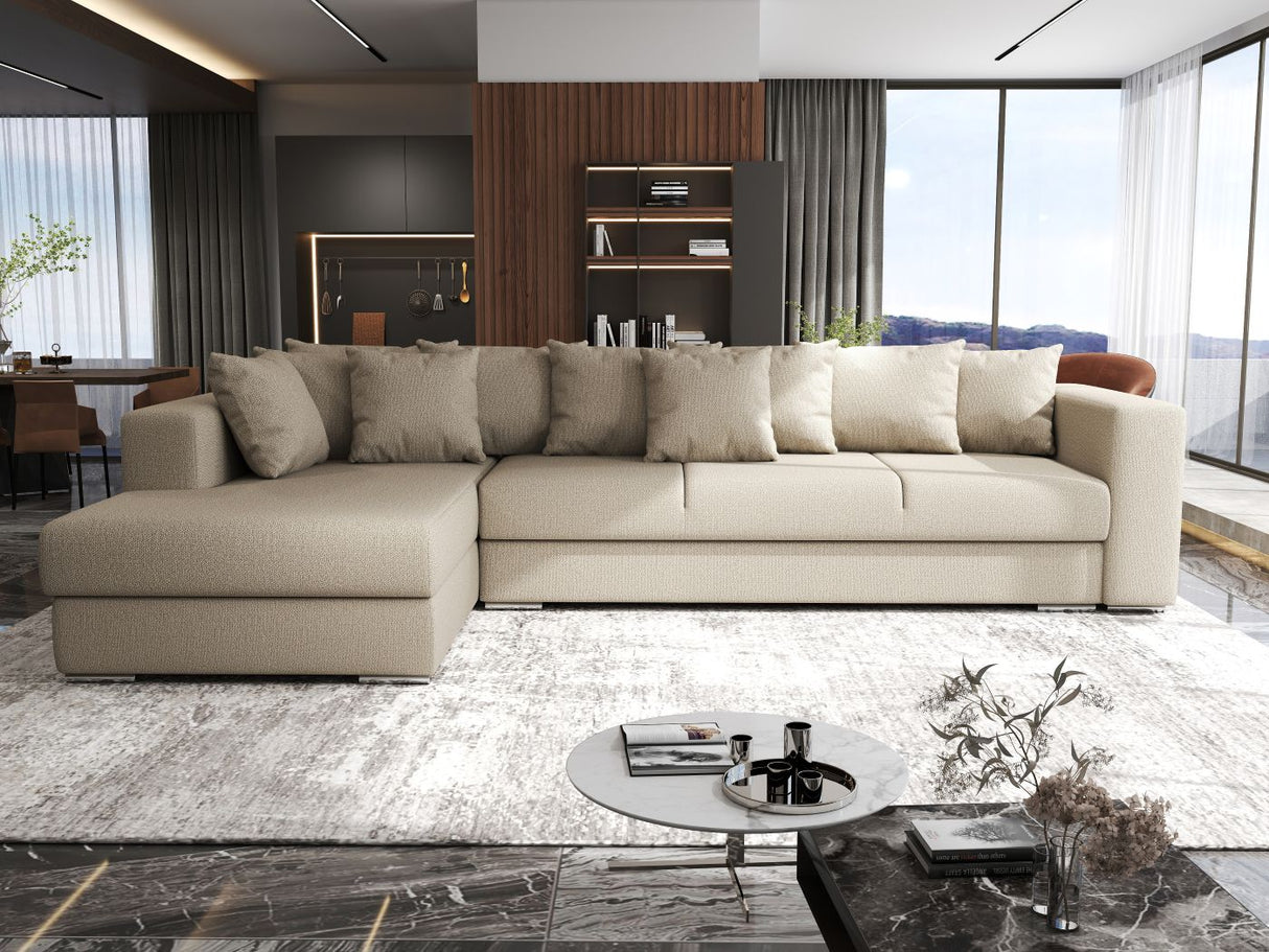 Colțar extensibil dumonde cu ladă de depozitare si sezut confortabil din spuma HR, Gloria Beige IV 320x183 cm Fabrica