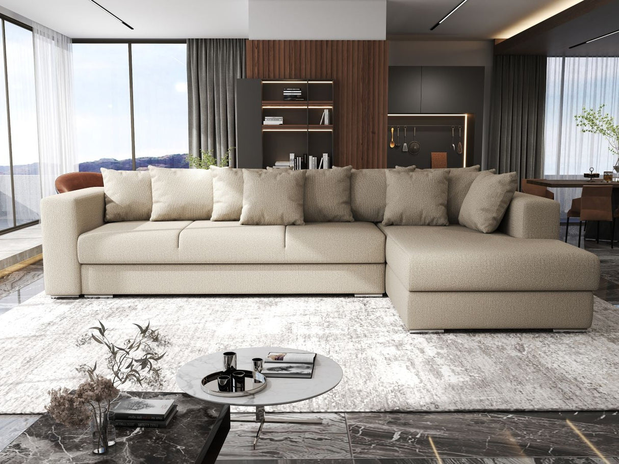 Colțar extensibil dumonde cu ladă de depozitare si sezut confortabil din spuma HR, Gloria Beige III 320x183 cm Fabrica