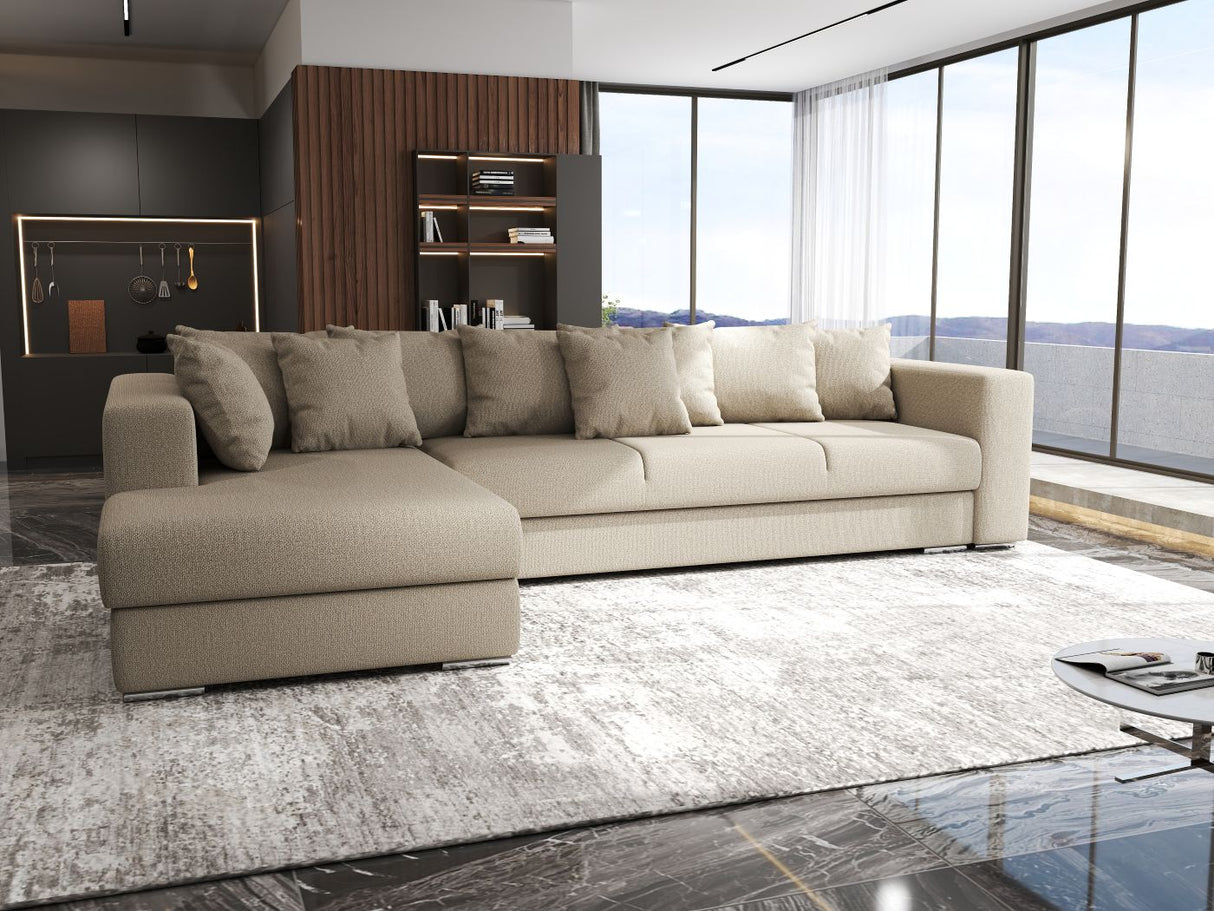 Colțar extensibil dumonde cu ladă de depozitare si sezut confortabil din spuma HR, Gloria Beige IV 320x183 cm Fabrica