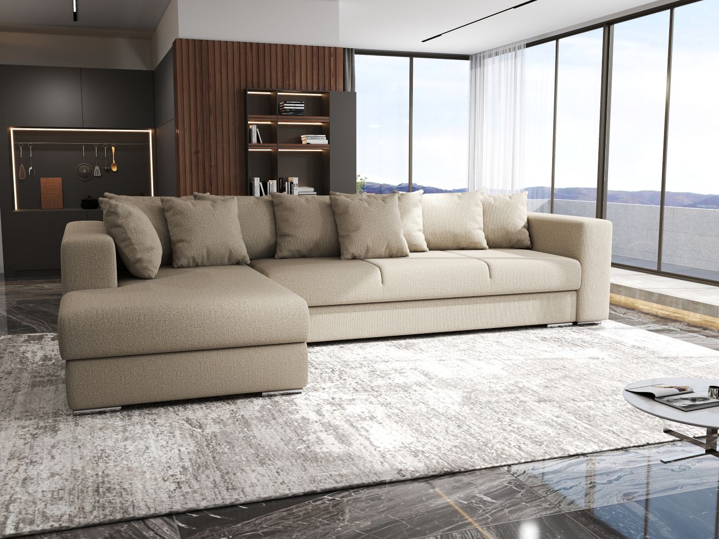 Colțar extensibil dumonde cu ladă de depozitare si sezut confortabil din spuma HR, Gloria Enjoy Camel 320x183 cm Fabrica