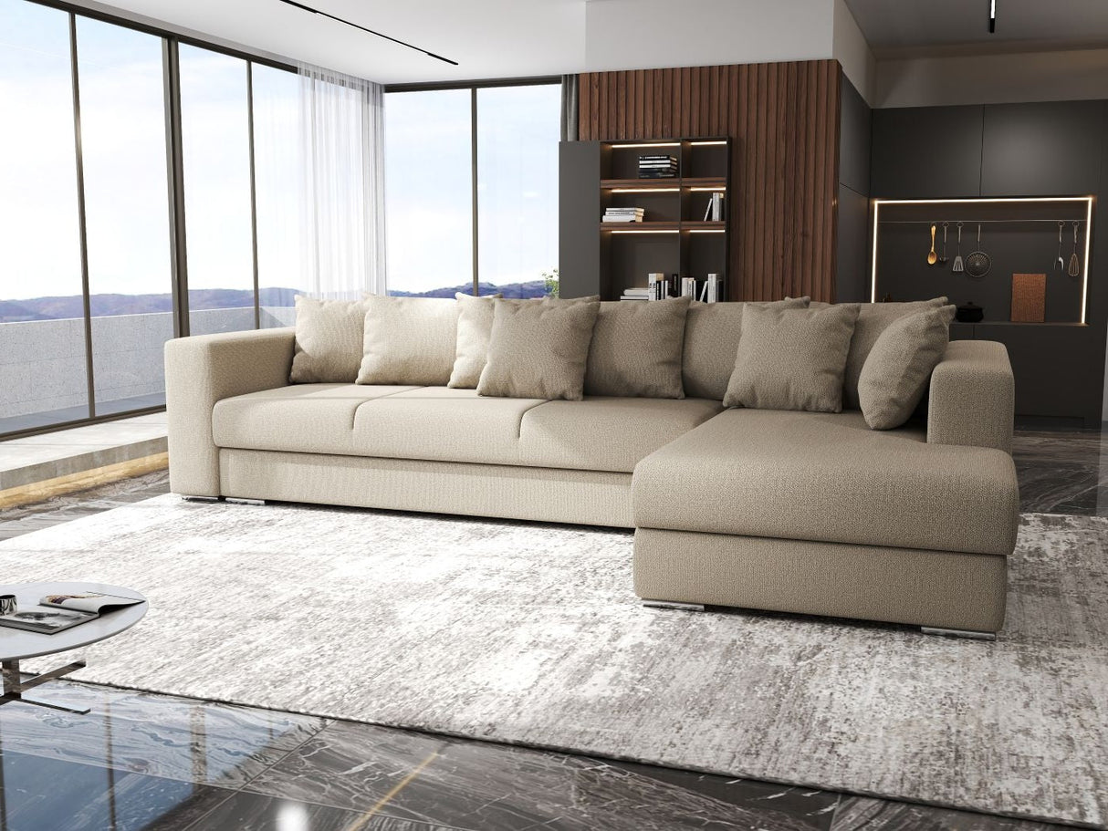 Colțar extensibil dumonde cu ladă de depozitare si sezut confortabil din spuma HR, Gloria Beige III 320x183 cm Fabrica