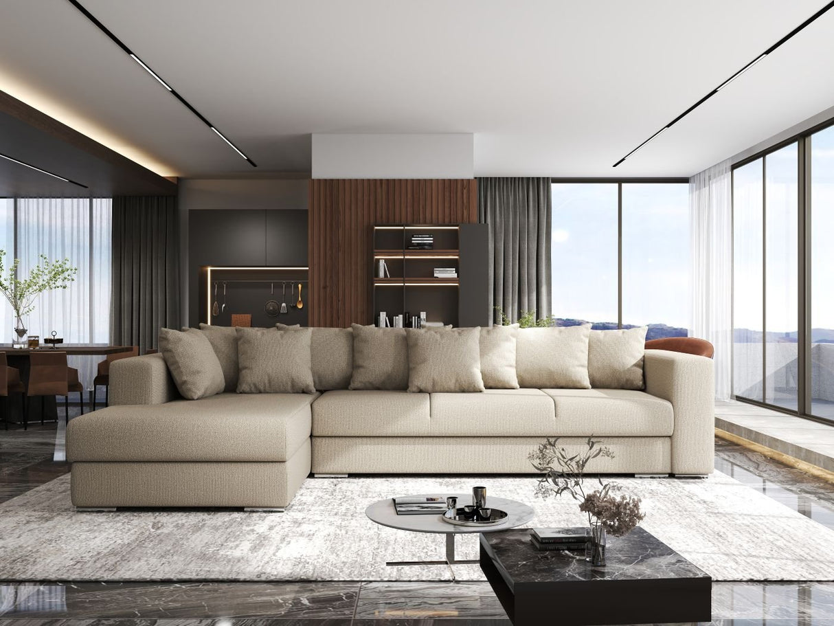 Colțar extensibil dumonde cu ladă de depozitare si sezut confortabil din spuma HR, Gloria Beige IV 320x183 cm Fabrica