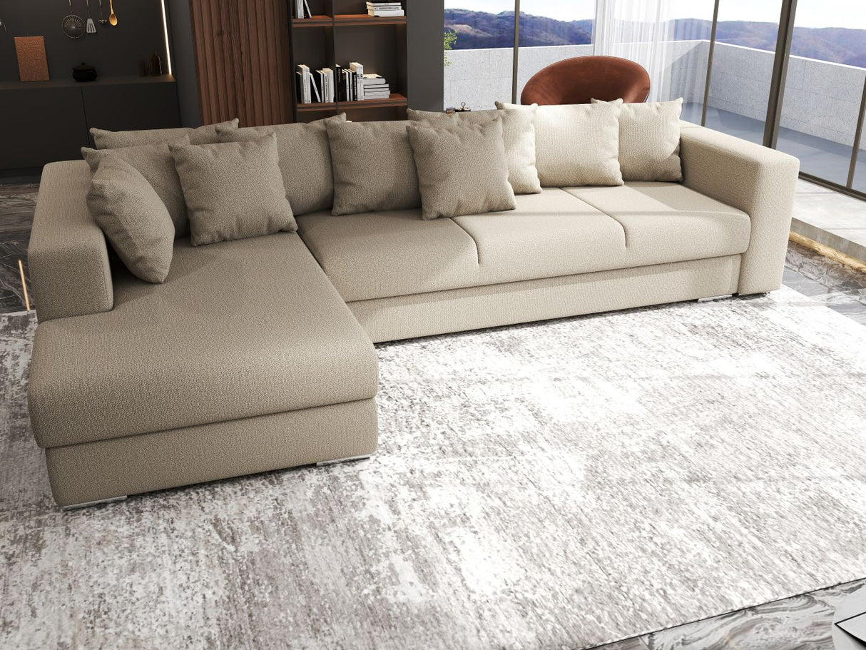 Colțar extensibil dumonde cu ladă de depozitare si sezut confortabil din spuma HR, Gloria Beige IV 320x183 cm Fabrica