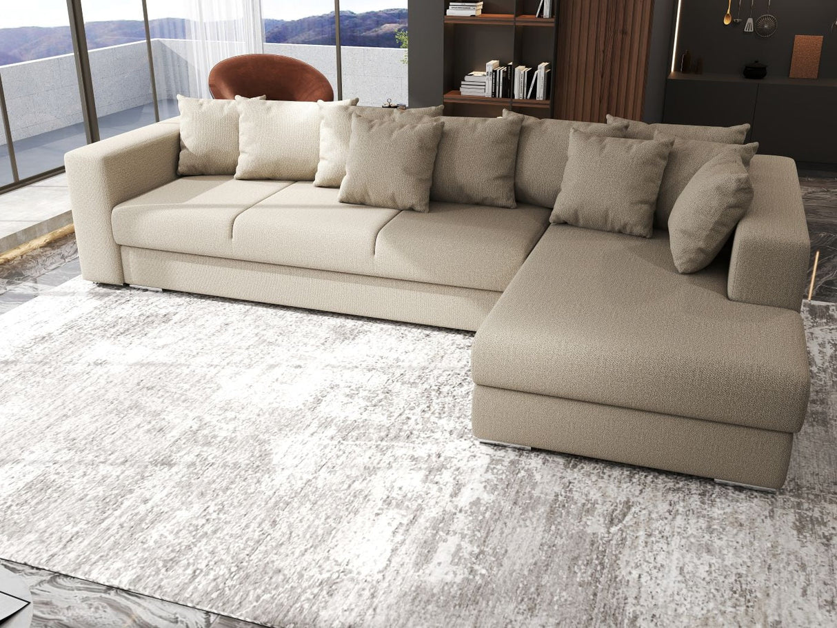 Colțar extensibil dumonde cu ladă de depozitare si sezut confortabil din spuma HR, Gloria Beige III 320x183 cm Fabrica