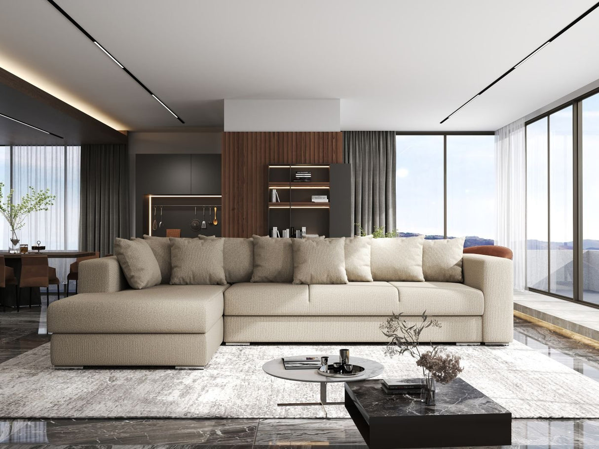 Colțar extensibil dumonde cu ladă de depozitare si sezut confortabil din spuma HR, Gloria Beige IV 320x183 cm Fabrica